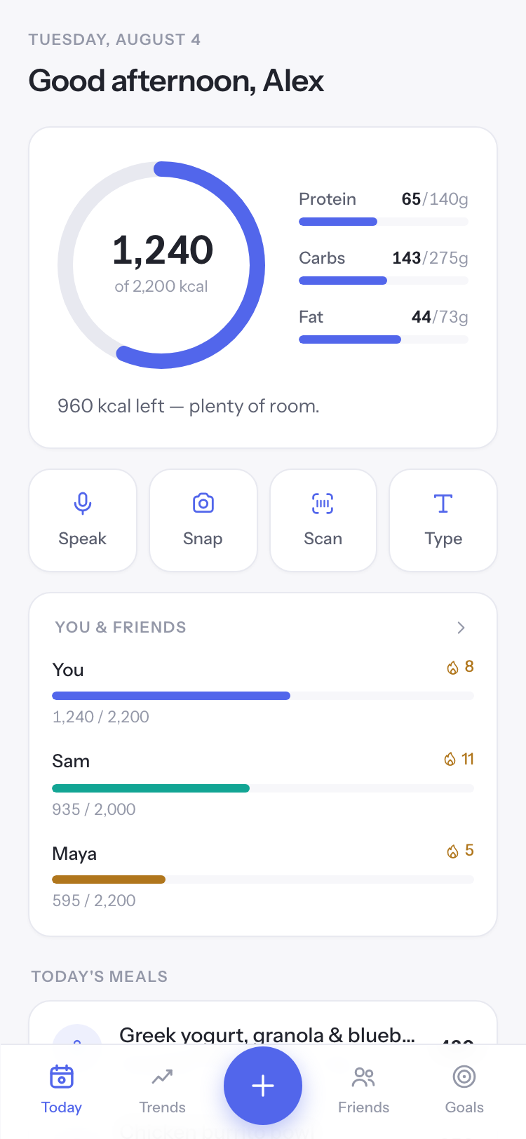 The Countable Today screen: a calorie ring at 1,240 of 2,200, macro bars, four logging buttons, and a friends leaderboard